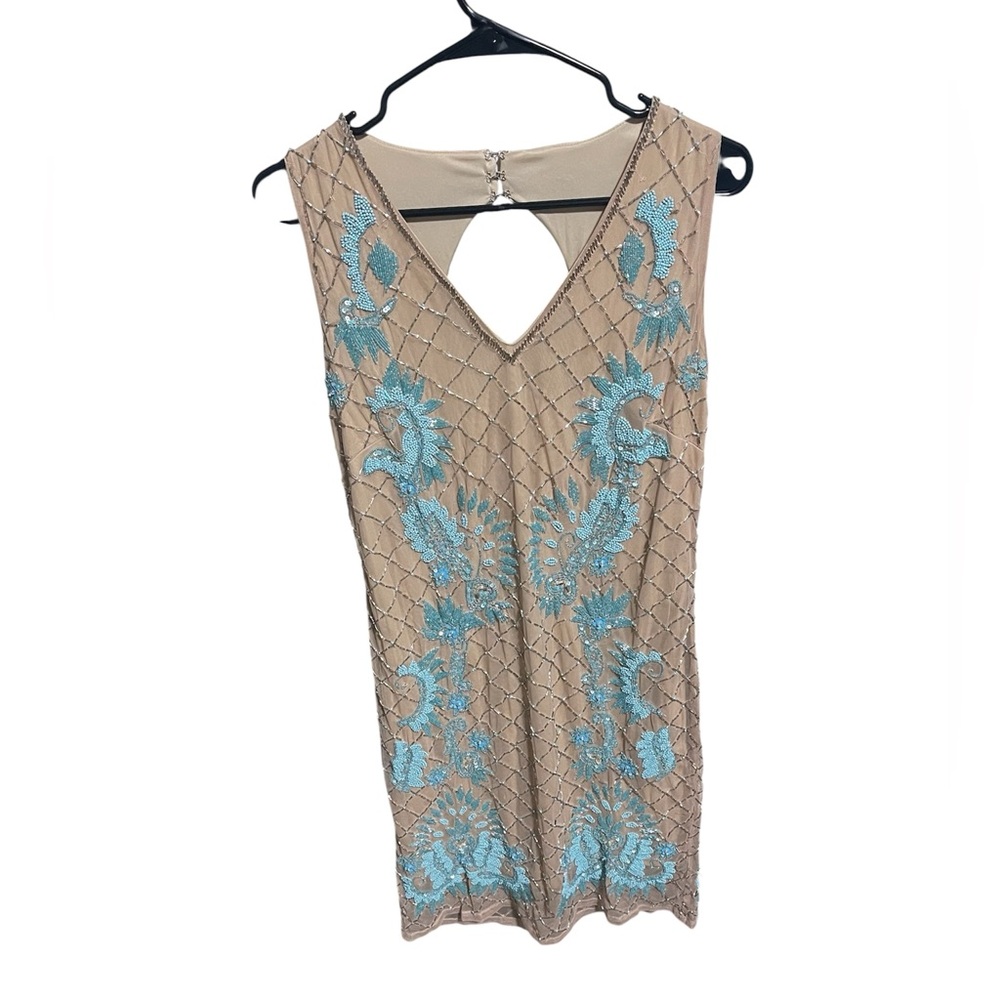 Boston Proper Tan and Blue Embroidered Midi Dress